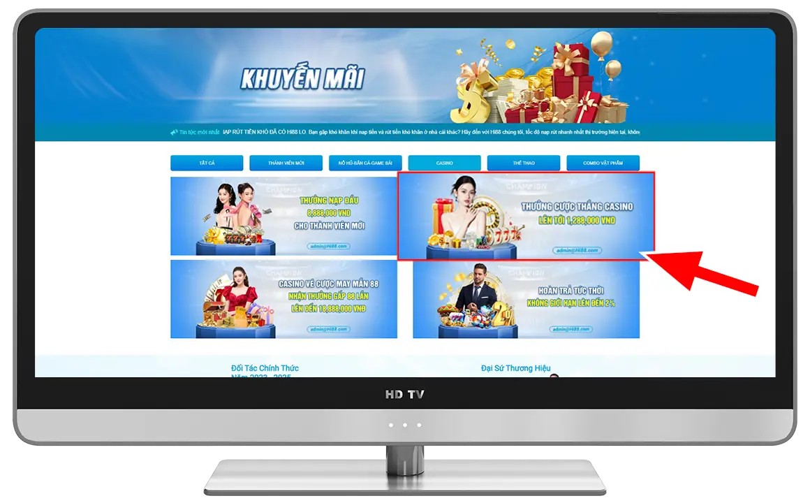 Bước 1: Tại "KHUYẾN MÃI" chọn "THƯỞNG CƯỢC THẮNG CASINO".